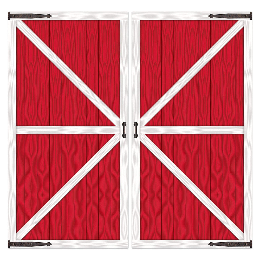 Beistle Barn Door Props assembled, creating a rustic doorway backdrop for parties.