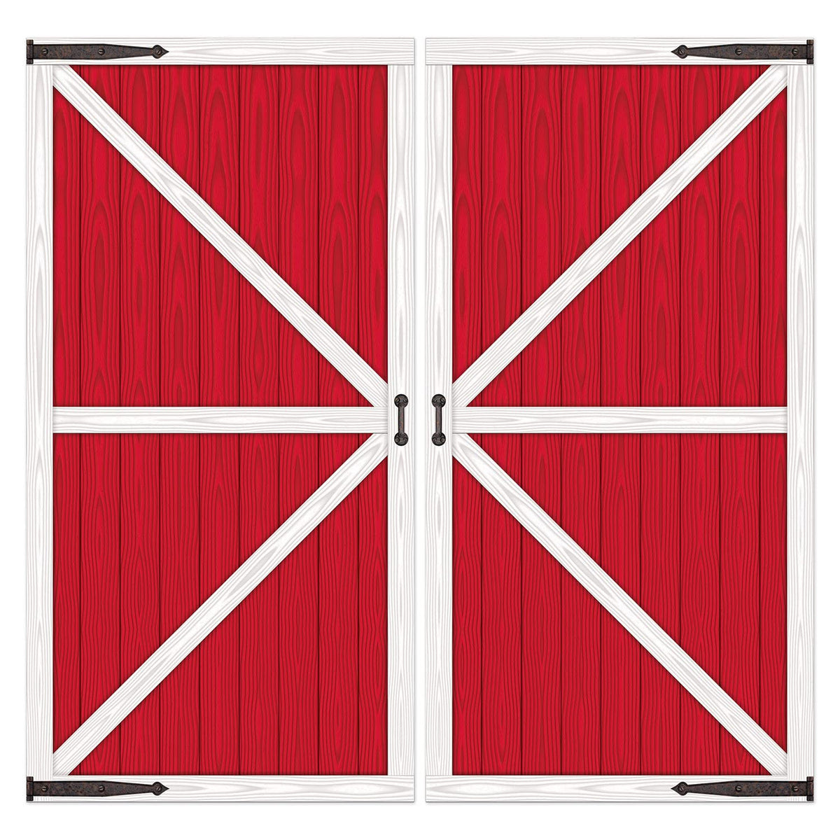 Beistle Barn Door Props assembled, creating a rustic doorway backdrop for parties.
