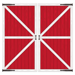 Beistle Barn Door Props assembled, creating a rustic doorway backdrop for parties.