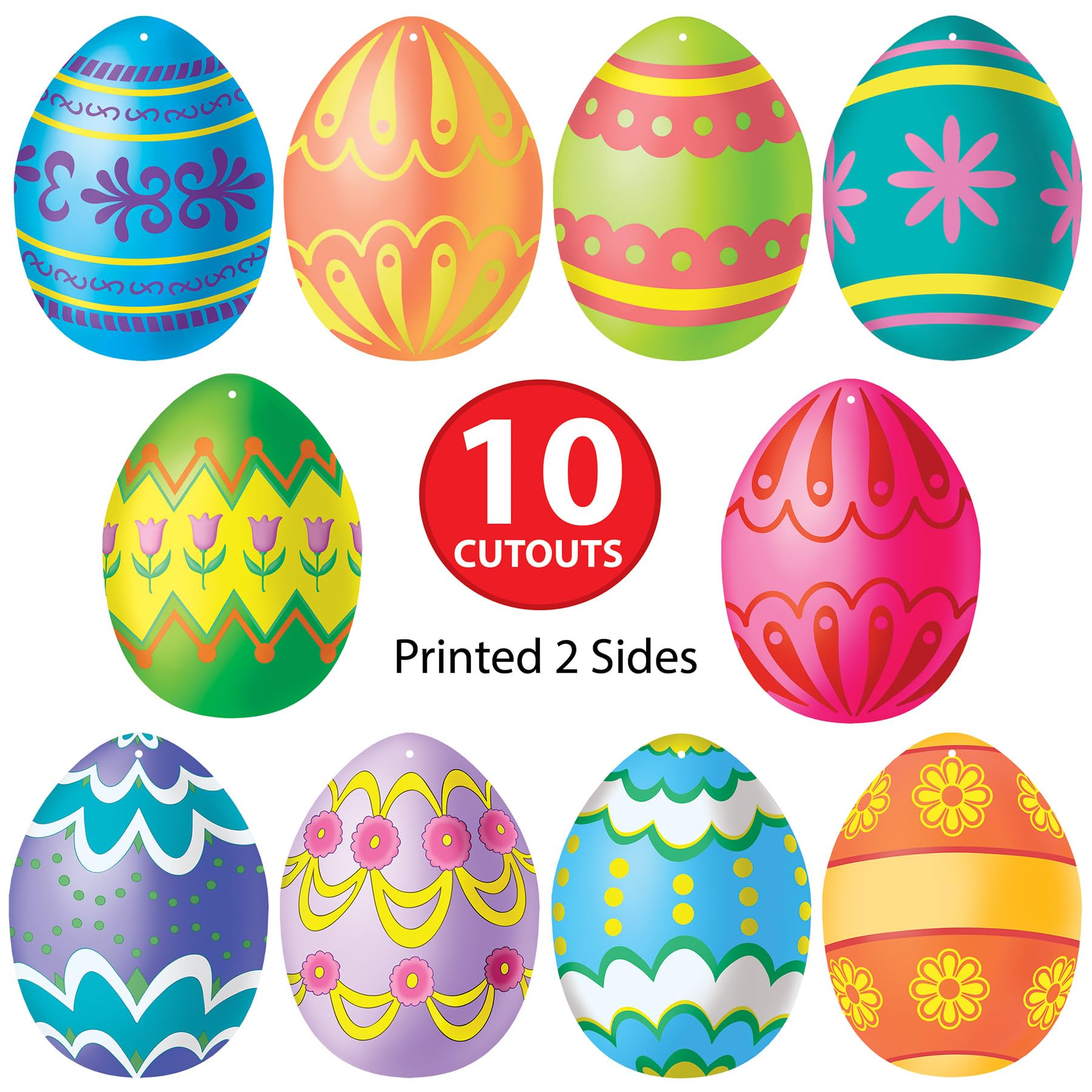 Beistle Easter egg cutouts in assorted colors brighten walls, doors, and bulletin boards.