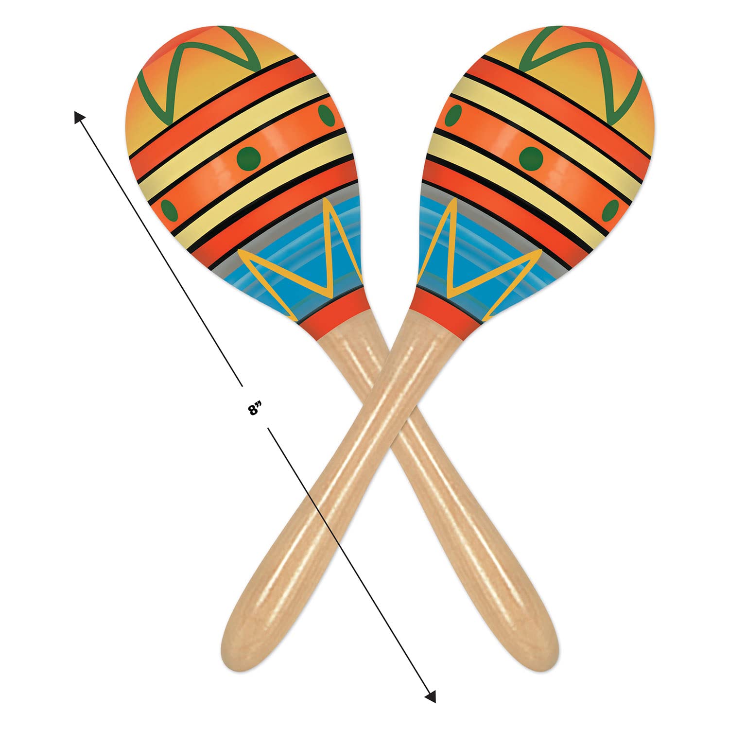Beistle Fiesta Maracas 8in close-up, detailed wood grain and bright colors for authentic look.