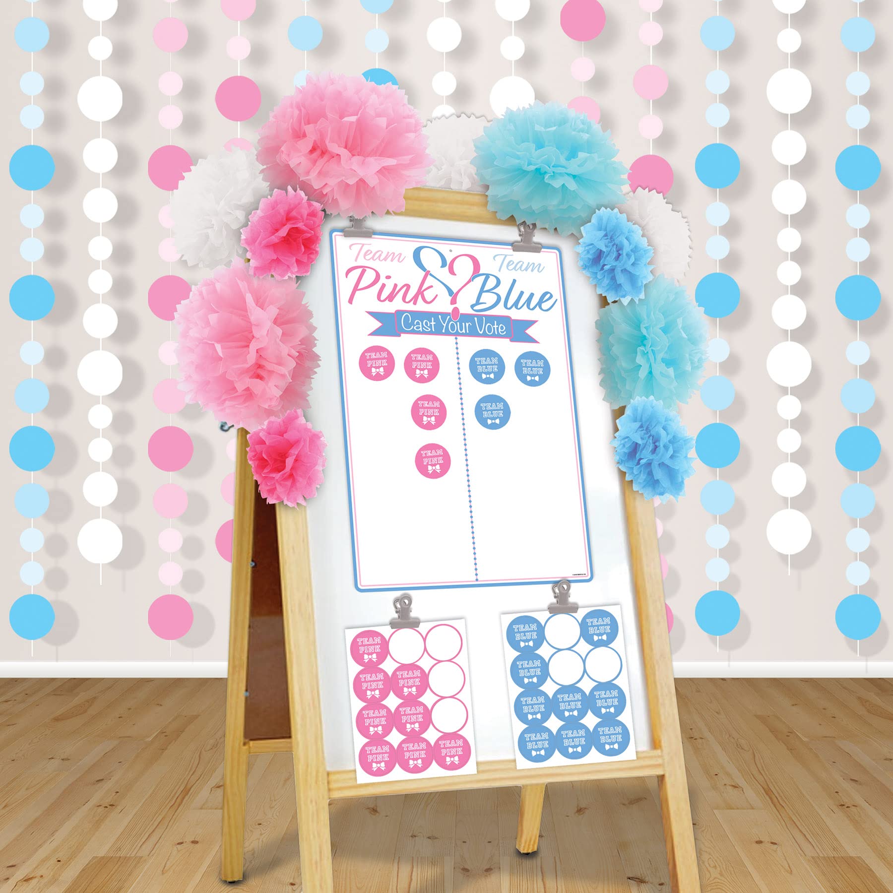Beistle gender reveal pink stickers closeup highlighting festive pink accents