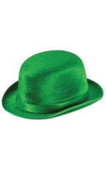 Beistle Green Vel-Felt Derby Hat highlighting satin band for festive outfits.