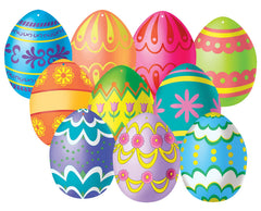 Beistle mini Easter egg cutouts decorate walls and windows with colorful dual-sided designs.