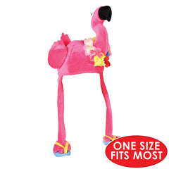 Beistle Plush Flamingo Hat close detail with lei, festive.