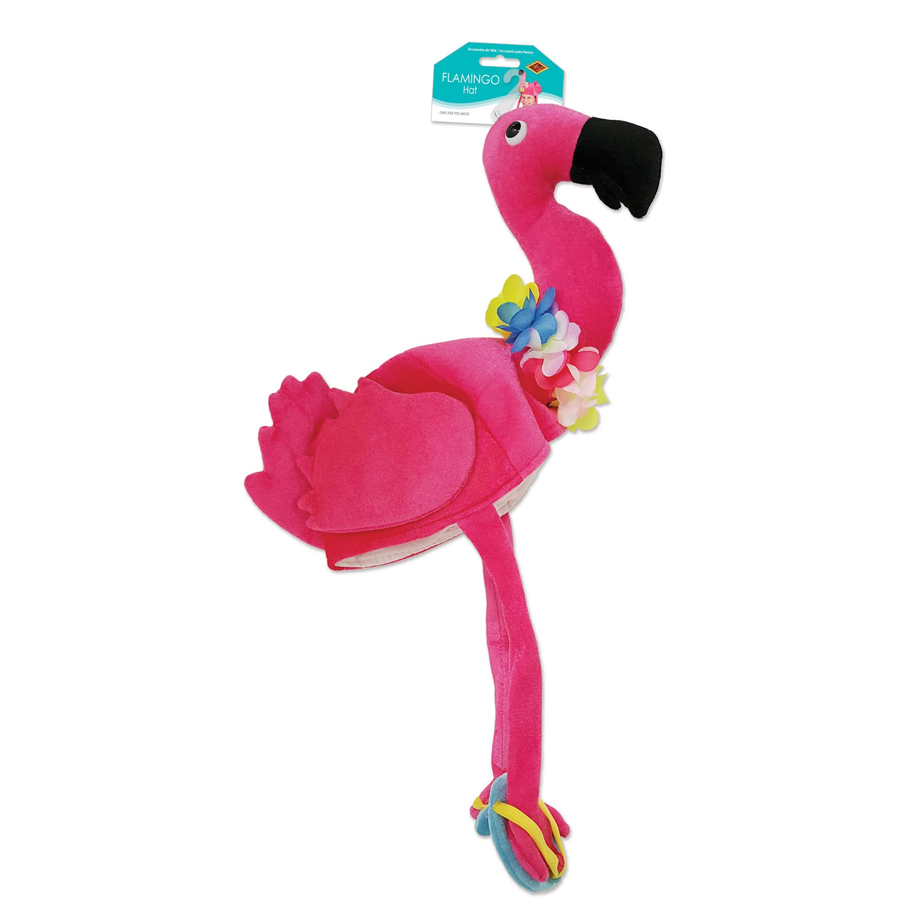 Beistle Plush Flamingo Hat worn on head with dangling legs.