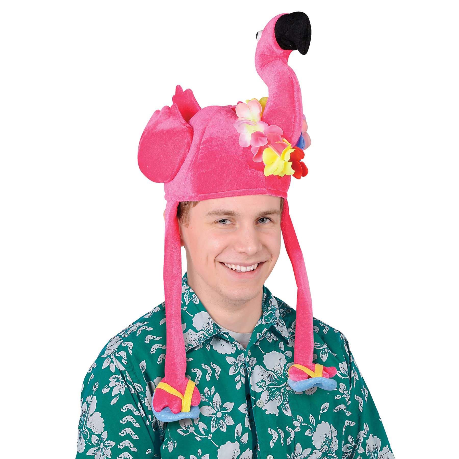 Beistle Plush Flamingo Hat packaging display, great gag gift.