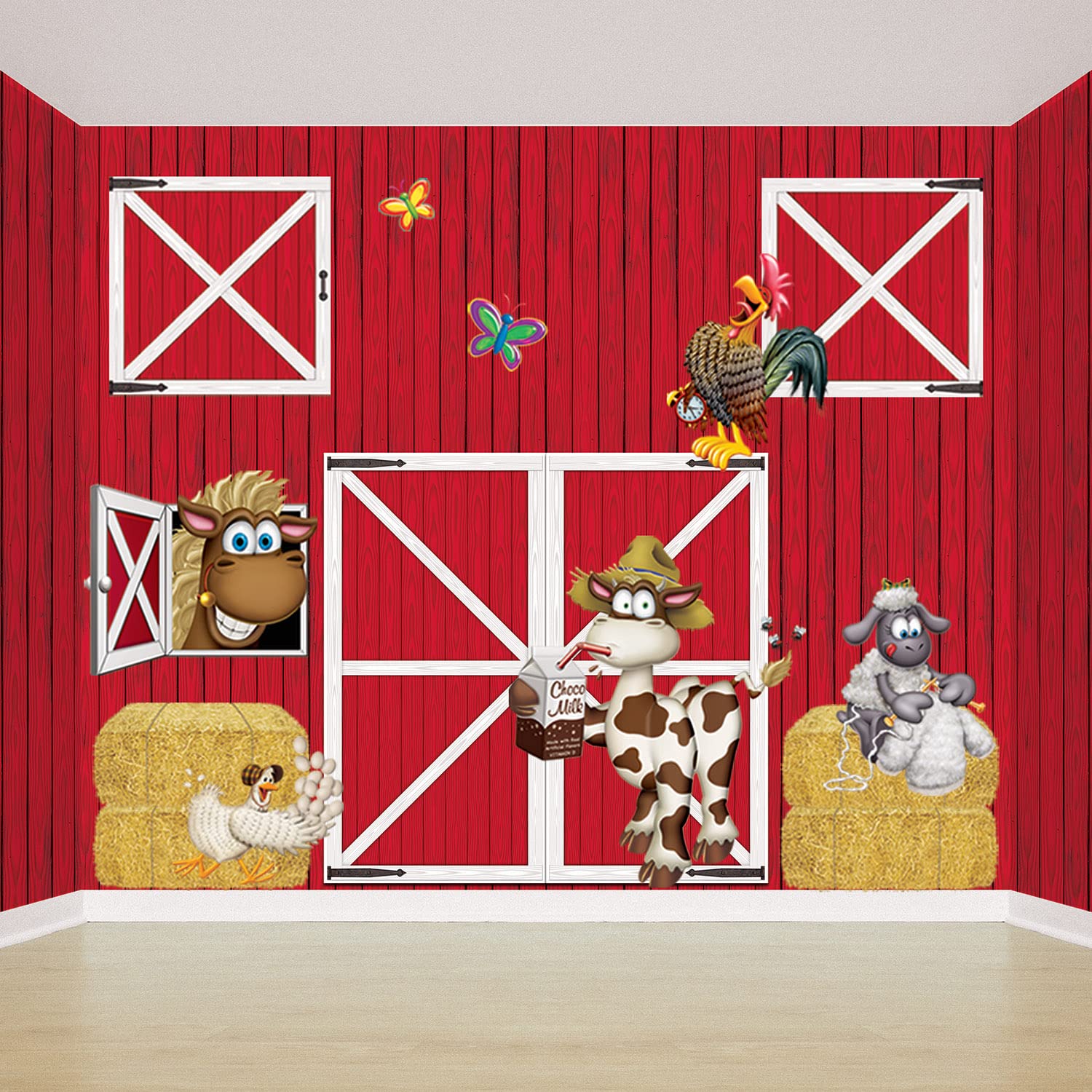 Beistle Red Barn Siding Backdrop compatibility enhances cohesive farm decor.