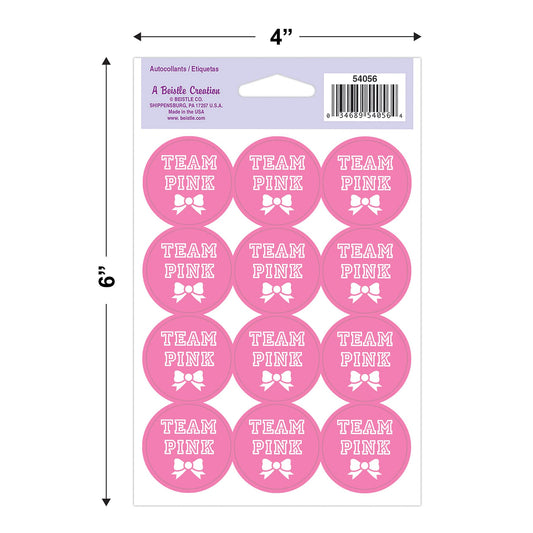 Beistle Team Pink stickers on a 4x6 sheet for gender reveal