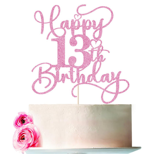 Bejotaa Pink Happy 13th Birthday glitter cake topper on cake for festive sparkle