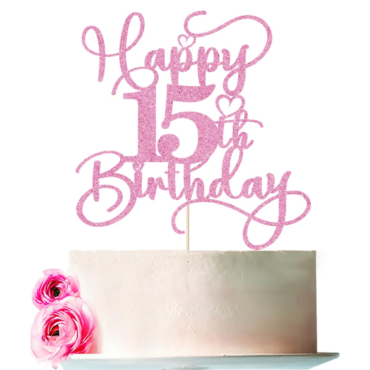 Bejotaa pink 15th birthday topper with glittery finish on cake