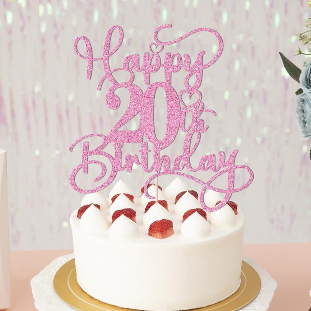 Bejotaa Pink Happy 20th Birthday Cake Topper glitter detail adds instant charm.
