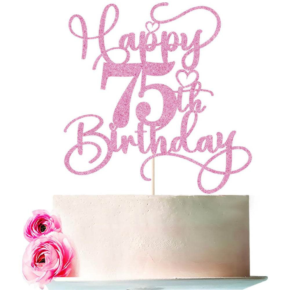 Bejotaa Pink Happy 75th Birthday Cake Topper pink glitter ready to adorn your cake.