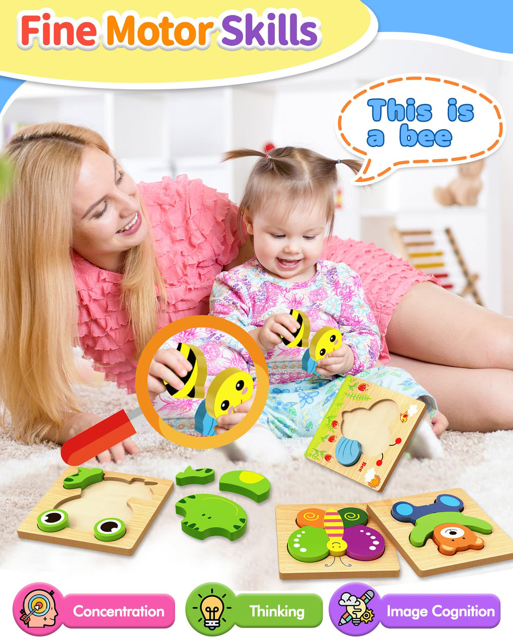 Bekayshad wooden puzzle ladybug: chunky piece aids grip and fine motor practice.