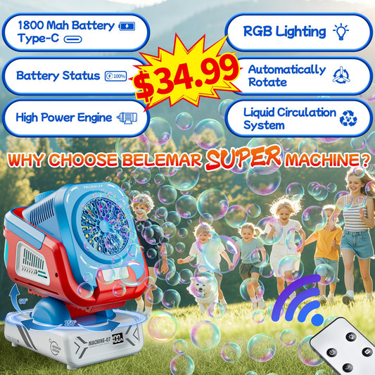 Belemar Bubble Machine shows 150° auto-rotation for wide coverage at events.