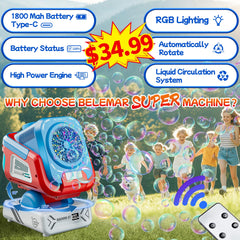 Belemar Bubble Machine shows 150° auto-rotation for wide coverage at events.