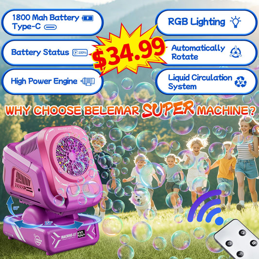 Belemar bubble machine with auto-rotation delivering wider bubble coverage for events.