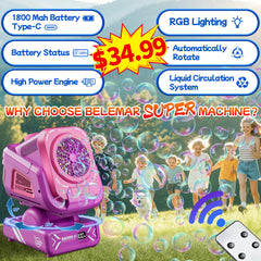 Belemar bubble machine with auto-rotation delivering wider bubble coverage for events.