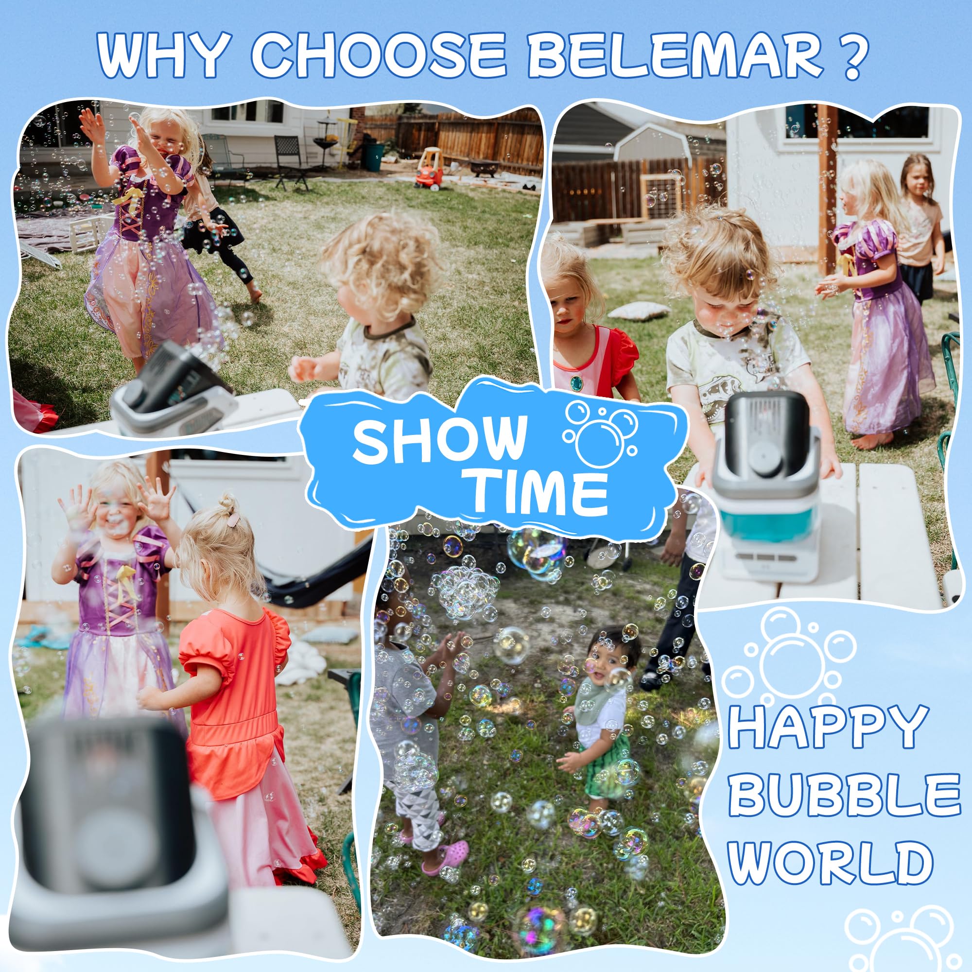 Belemar bubble machine has a large 370ml tank for extended bubbling sessions.