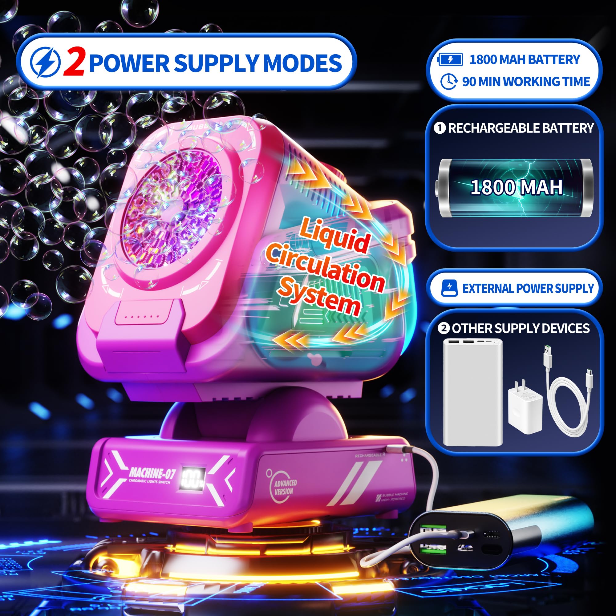 Belemar bubble machine features a rechargeable 1800mAh battery for longer play.