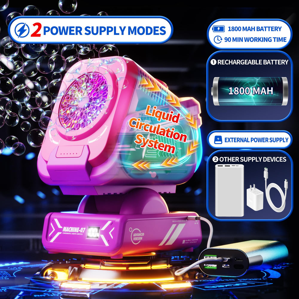 Belemar bubble machine features a rechargeable 1800mAh battery for longer play.