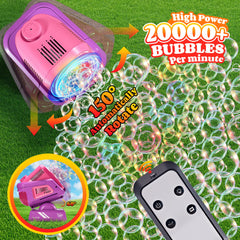 Belemar bubble machine with RGB lights creates a vibrant night-time ambiance.