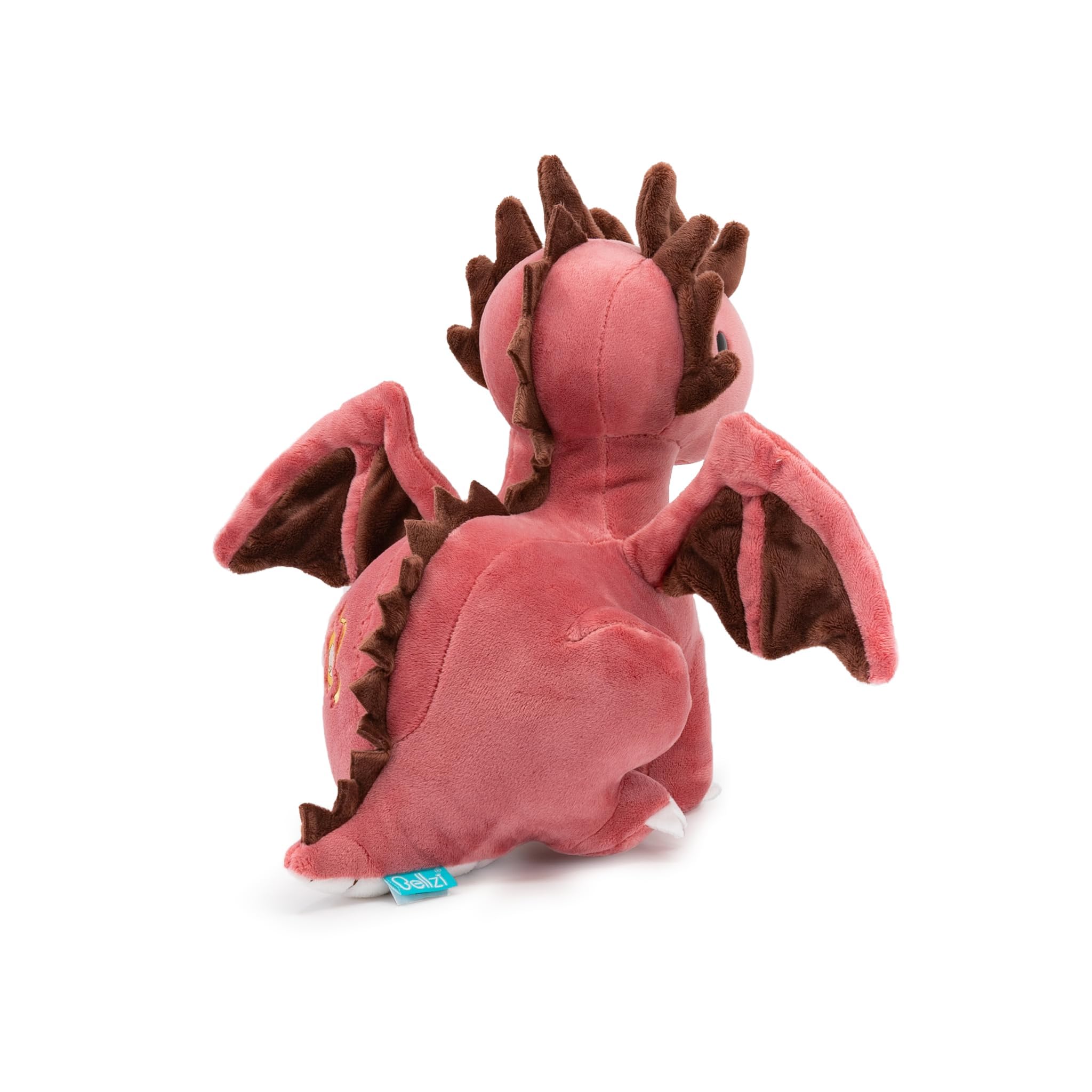Bellzi Fire Dragon plush, friendly face focus, invites comforting storytelling moments.
