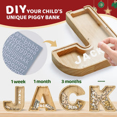 Bemaystar letter piggy bank with clear panel showing savings progress.