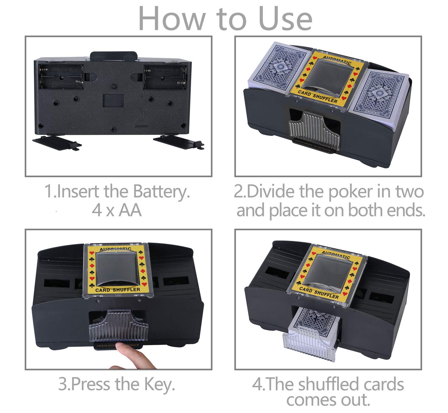 Bemecato Card Shuffler battery compartment shows 4 AA power option.