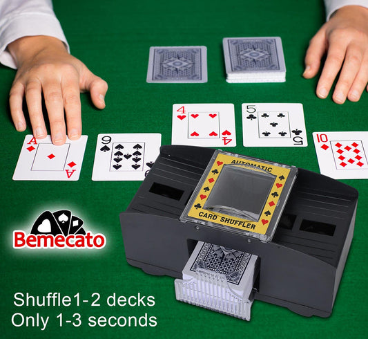 Bemecato Card Shuffler top angle highlights portable size ideal for travel.