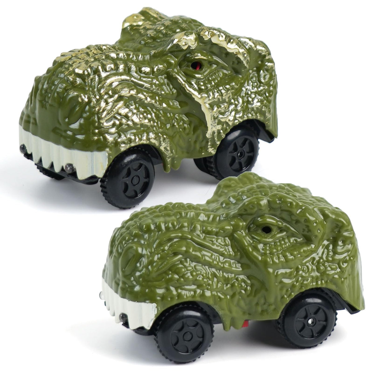 Bemiton dinosaur car front view with LED lights enhances night-time play.
