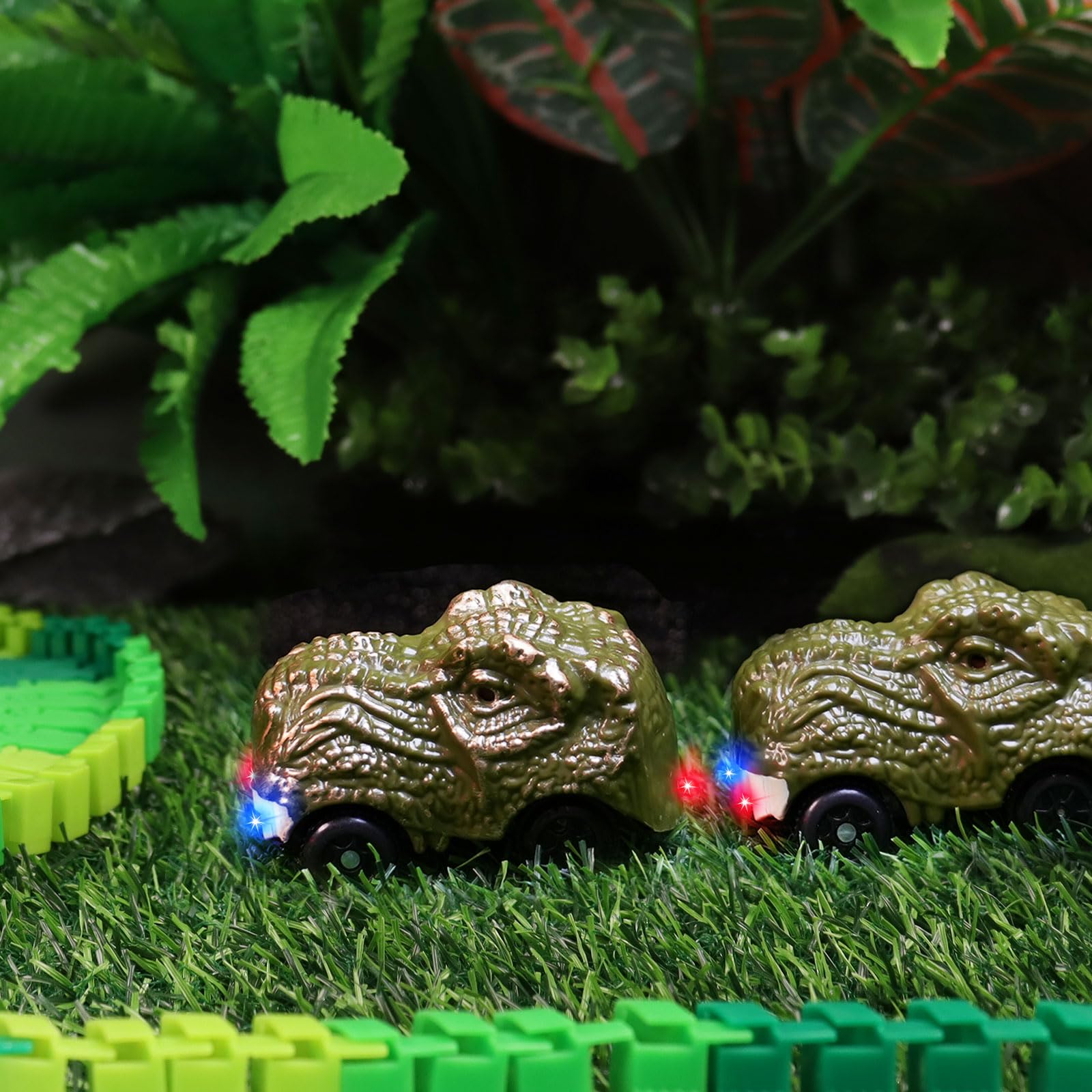 Bemiton dinosaur car top view highlights compact design for easy track setup.