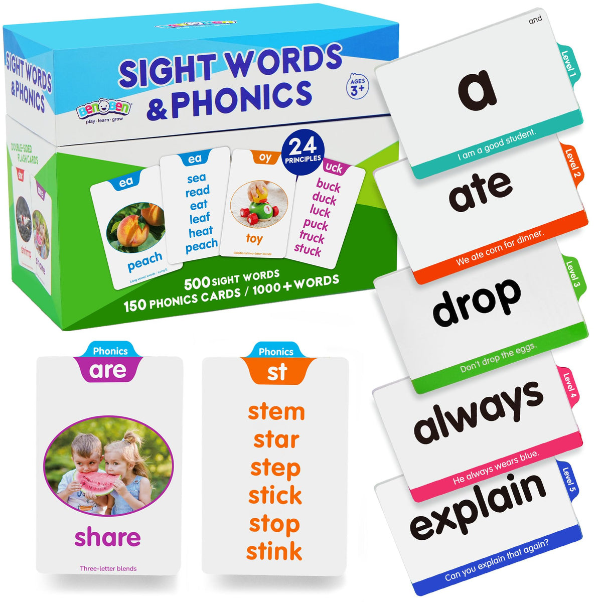 BenBen 650 sight words flash cards cover showcases durable laminated stock for long-lasting practice.