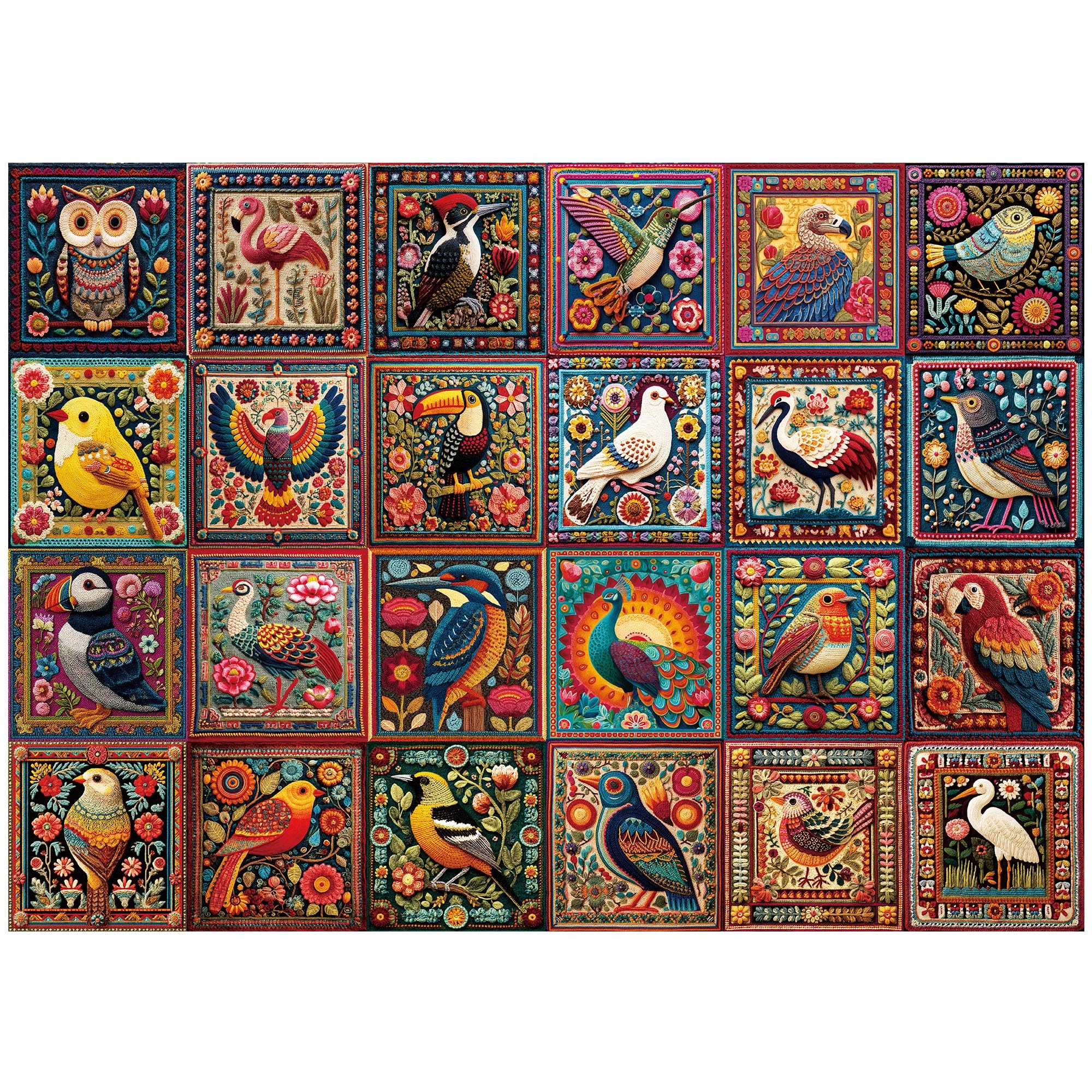 BenBen Bird Crochet puzzle front cover with vibrant crochet birds for immersive puzzling.