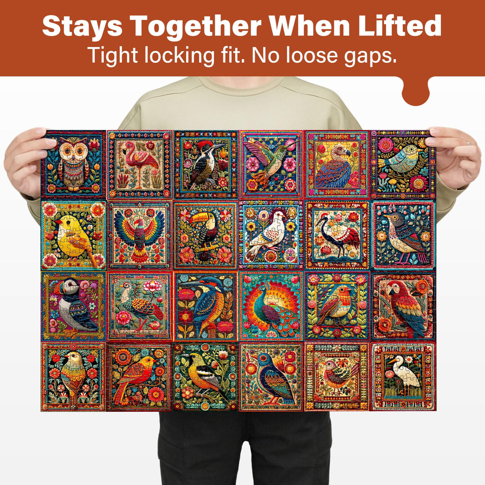 BenBen bird-designs puzzle panel collection highlights colorful floral backgrounds for cozy evenings.