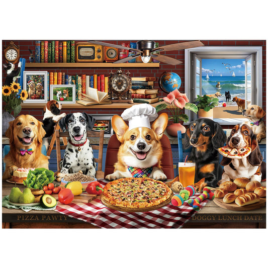 BenBen Dogs' Dinner Party puzzle pieces on a table, inviting family fun.