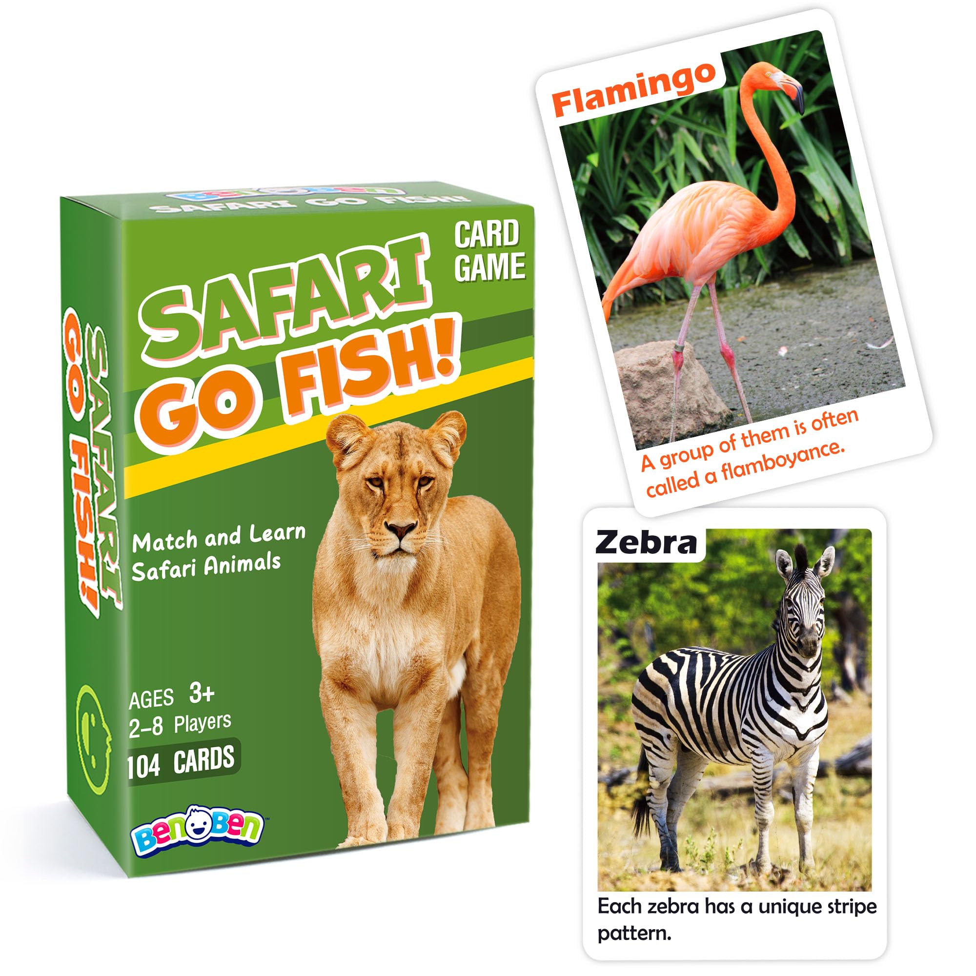 BenBen Go Fish Safari Animals Deck shows 104 real photos for interactive learning.