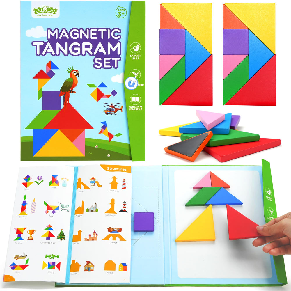 BenBen Travel Tangram Puzzle sets: two complete magnetic shape sets for shared play on the go.