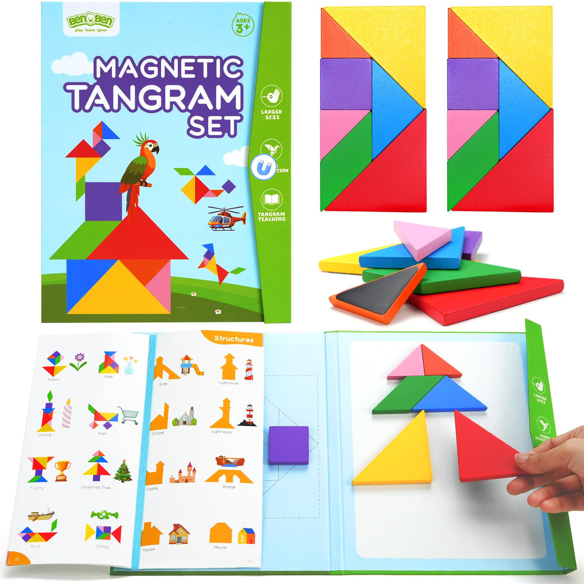 BenBen Travel Tangram Puzzle sets: two complete magnetic shape sets for shared play on the go.