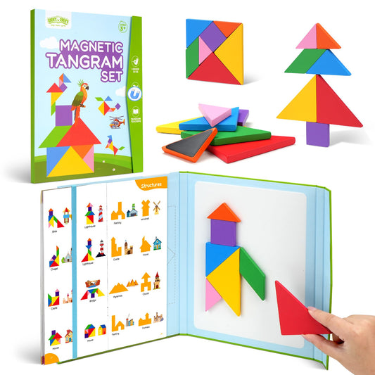 BenBen Travel Tangram Puzzle with wooden shapes for on-the-go creativity and problem solving.