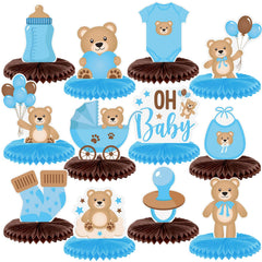 Bencailor bear honeycomb centerpiece with baby bottle in blue for warm baby shower decor