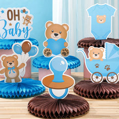Bencailor bear honeycomb centerpiece with baby carriage brightens birthday table