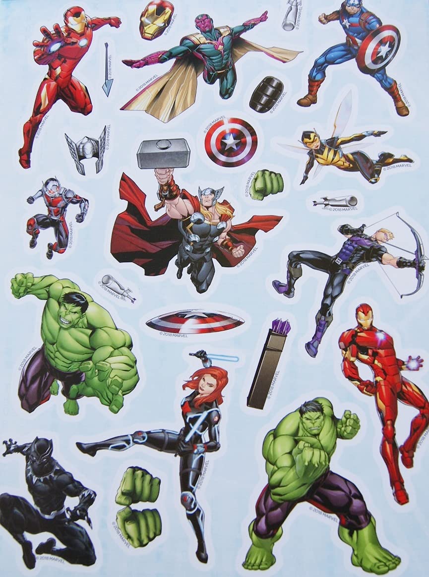 Close-up of Avengers sticker sheets, great for fine-motor skills during quiet time.