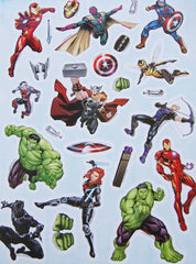Close-up of Avengers sticker sheets, great for fine-motor skills during quiet time.