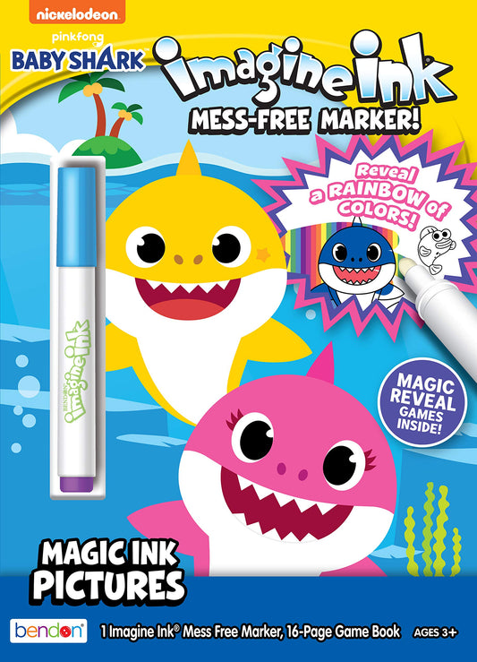 Bendon Baby Shark Imagine Ink coloring book cover showing mess-free coloring for kids