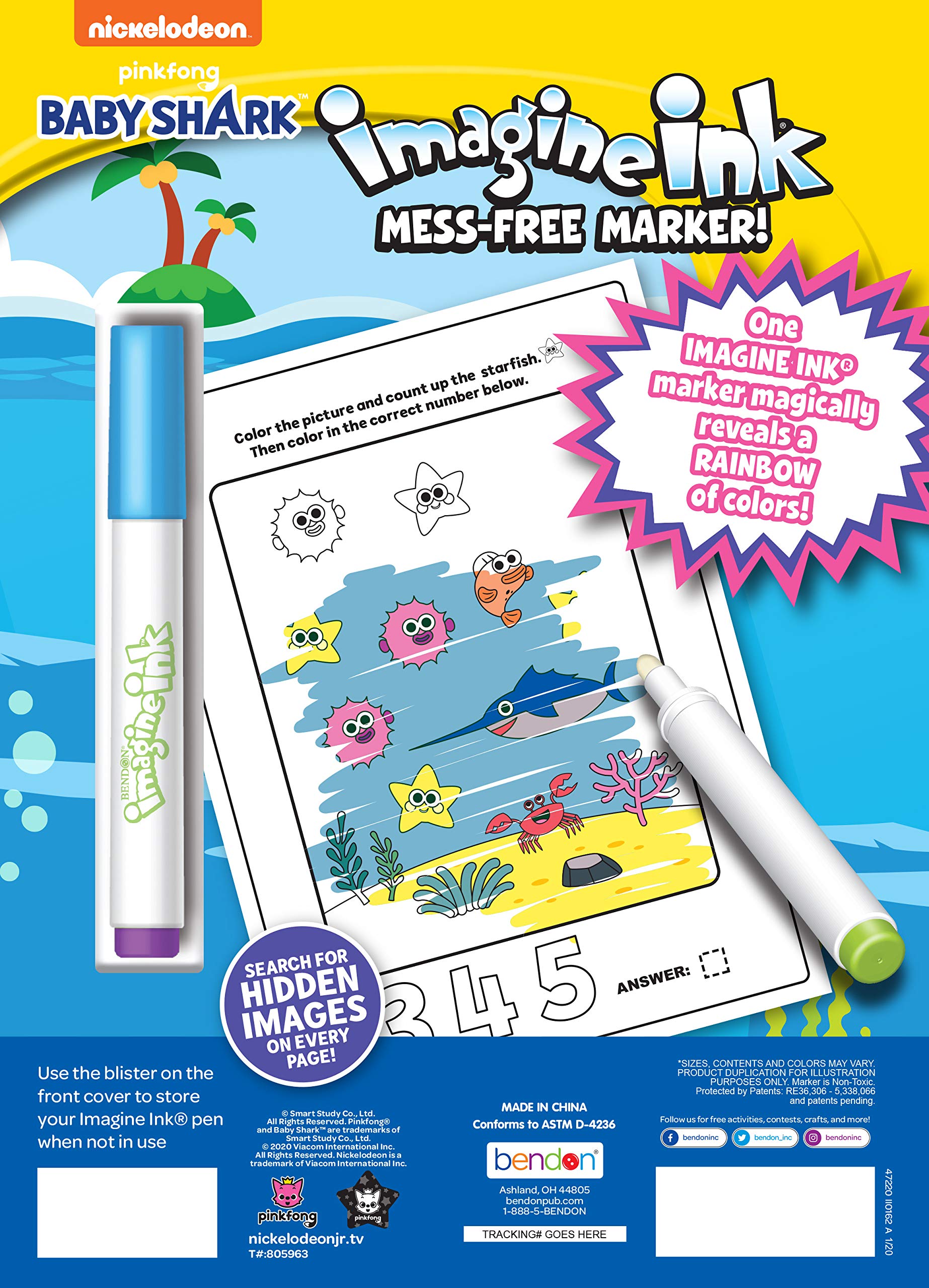 Bendon Baby Shark Imagine Ink pages spread with color reveals on each page