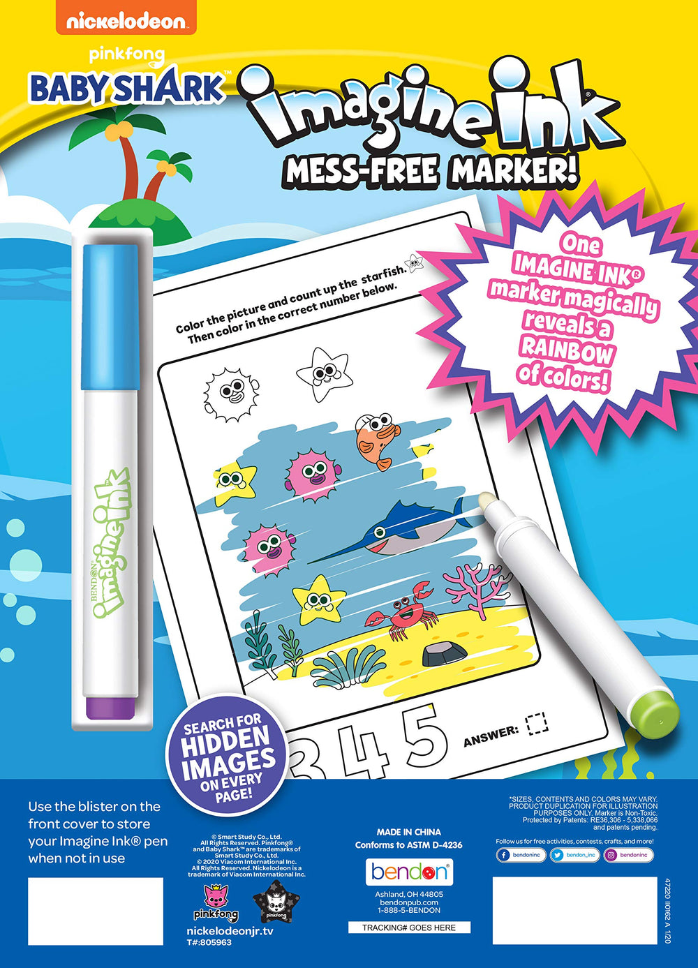Bendon Baby Shark Imagine Ink pages spread with color reveals on each page