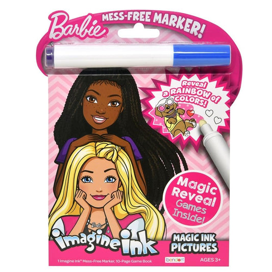 Bendon Barbie Imagine Ink book cover shows magical marker concept for mess-free coloring fun.