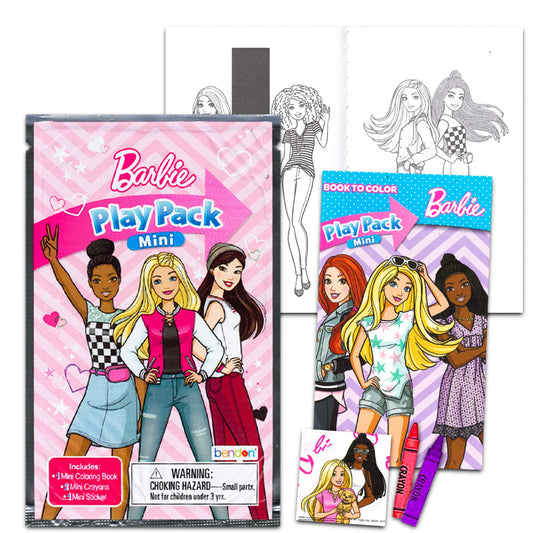 Bendon Barbie mini play pack inside, includes coloring book and stickers for creative play.