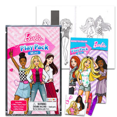 Bendon Barbie mini play pack inside, includes coloring book and stickers for creative play.